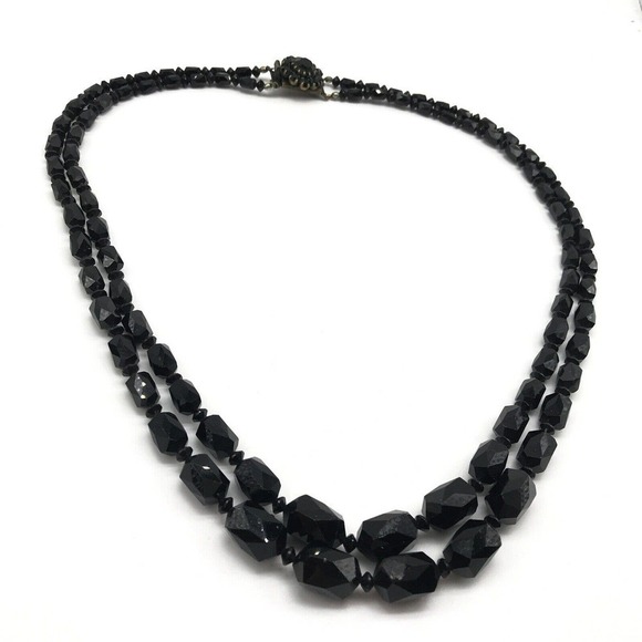 Antique Black Jet Faceted Glass Graduated Double Strand Flower Clasp Necklace - Picture 2 of 8